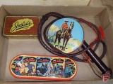 Lone Ranger wrist watch, Justrite Cigars and Canadian Mountie tins, leather whip
