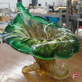 Amber and green glass cornucopia-style vase