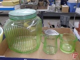 Vintage green glass canister, syrup pitcher and measuring cup