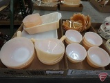 Fire King peach dishware, handled bowls, refrigerator dishes, prep cups, and peach dessert dishes