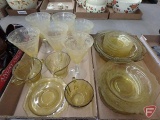 Yellow glass, stemware, cream/sugar, saucers, bowls. Contents of 2 boxes