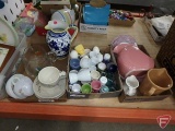 Jordan Coop Creamery pottery pitcher, Fiesta pitcher, chicken plates, and egg cups and other