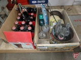 Vintage pop bottles and other bottles, Coca-Cola in case, Hormel wood box, both boxes