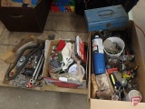 Hardware, hand tools, turnbuckle, brushes, torch, chain. Contents of 3 boxes