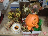 Halloween/Fall decorative items, plates, light-ups, banks. Contents of box and items beside