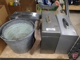 (3) metal file boxes, (2) galvanized buckets, and metal dustpan. 6 pieces