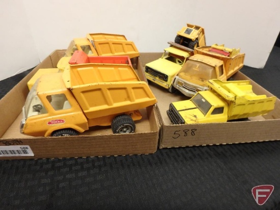 Tonka dump trucks, Ertl dump truck, smaller assorted dump trucks, 2 flats