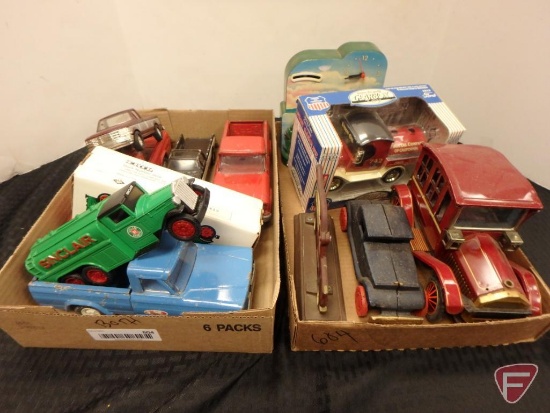 Tonka pickups and other toy trucks and a hunting bank