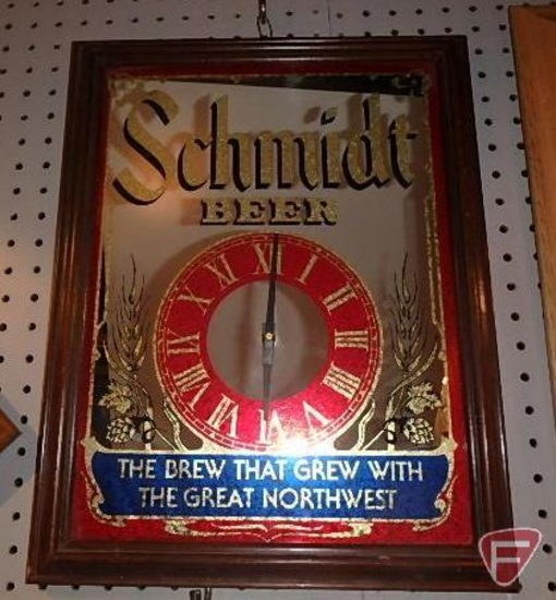 Schmidt Beer framed mirror and battery operated clock, 18inHx14inW