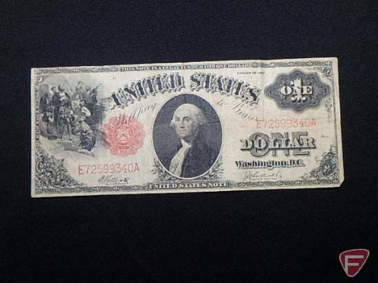 1917 US Legal Tender Red Seal $1 Horse Blanket Note, VG to F