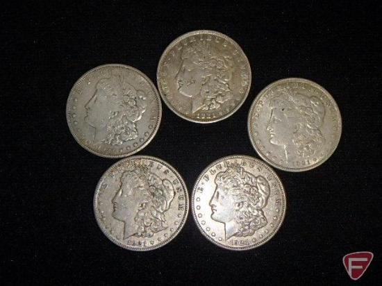 (5) 1921 S Morgan Silver Dollars, VG to VF: (1) counter-stamped "K"