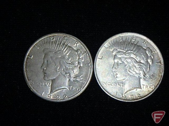 1922 Peace Dollar and 1922 S Peace Dollar, both F to VF