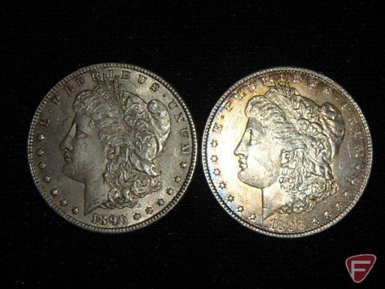 1896 Morgan Silver Dollar, uncirc., nicely toned; and 1896 Morgan Silver Dollar, XF to AU