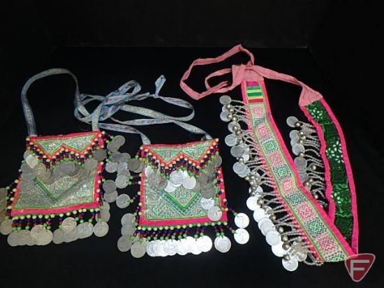 French IndoChina traditional purses and belts with 0.68 fine Silver $0.20 coins with holes,