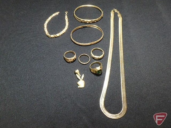 10k yellow Gold: 20" 6mm thick herringbone necklace (13.5 dwt), 6" XO bracelet (2.7 dwt),