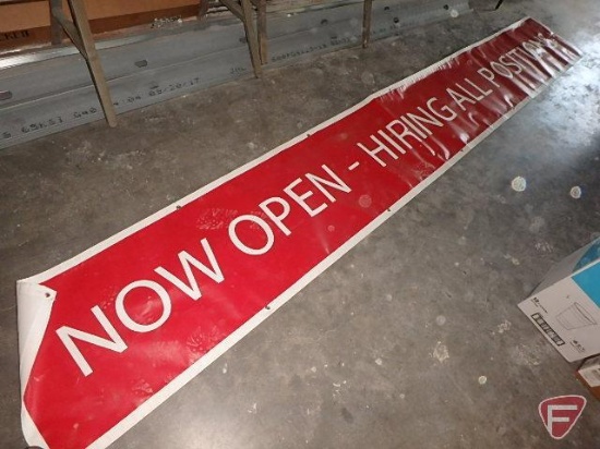 (2) red and white business advertising banners/signs: 24"x156" "NOW OPEN - HIRING ALL POSITIONS" and