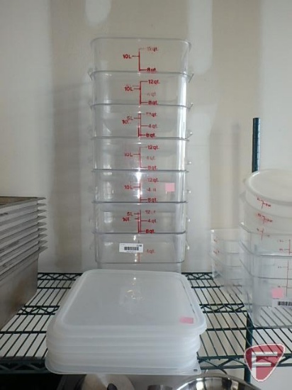 (7) Cambro 12SFCW 12qt clear plastic food storage bins and (7) Cambro SFC12SCPP lids