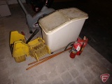 Dry storage bin on casters, (2) fire extinguishers, (2) mop wringers, (2) mop handles