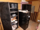 (2) 2 door metal shop cabinets, time clock with time card holders, and 4 drawer file cabinet