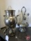 Kerosene heated coffee pot and vintage glass and metal condiment holder, both