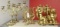 (2) Brass candelabras, harp magazine holder, painted gold resin angel shelf hooks and candlesticks