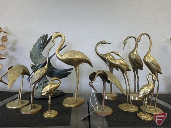 Brass birds, cranes and (1) flamingo, 11 pcs