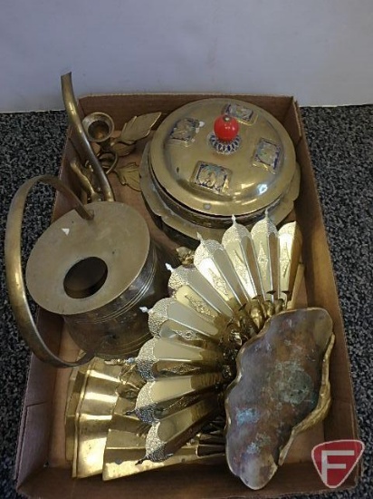 Brass watering can, brass wall hanging fans, brass shell, candle holder, and decorative brass tin