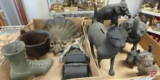 Cast iron cat and elephant bank, elephant, cat, dogs, mail box, wall hanging, cauldron