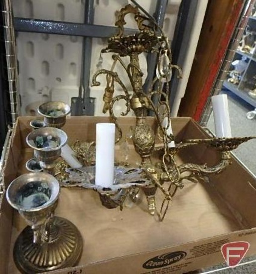 Brass chandelier and (2) small candelabras