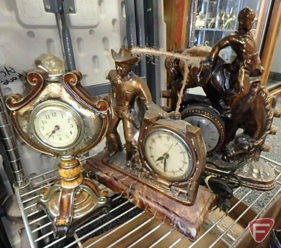 United Clock Corp. cowboy mantle clock, W.M. L. Gilbert Clock Co. rodeo mantle clock