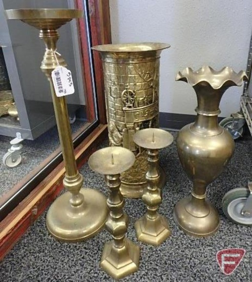 Brass candlesticks, vase and umbrella stand, 5 pcs