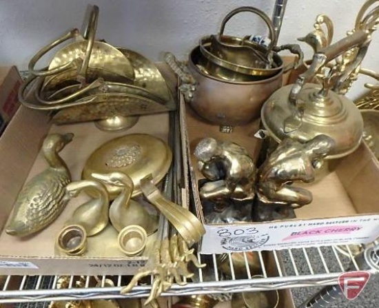 Brass duck, brass candle holder, small brass firewood holders, brass bed warmer