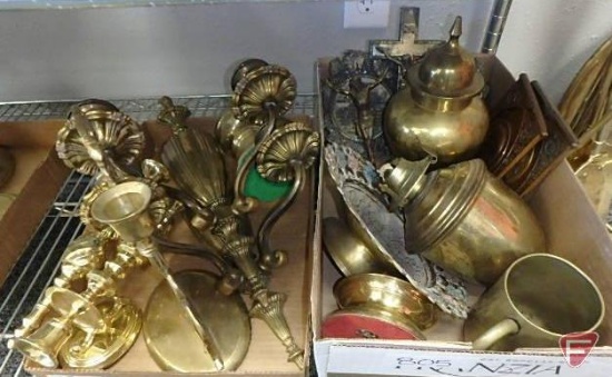 Brass sconces, angel candlestick, hanging brass kerosene lamp, urn, tray, candle holder, cup