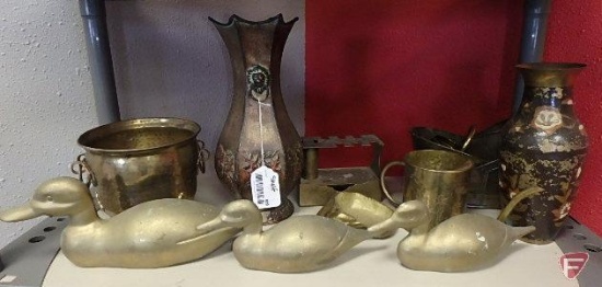 Brass wall hanging ducks, hammered brass pot, vases, cup, whole shelf