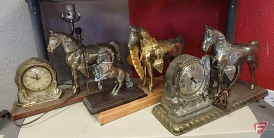 (3) Horse mantle clocks (one missing clock), one with lamp made by Gibraltar MFG Co.