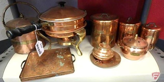 Copper and brass vintage chafing dish, food warmer, double boiler, fondue pot set, copper ice bucket