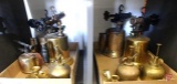 Brass torches and oiling cans, (2) candle holders, both