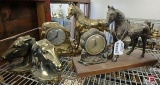 Horse bookends and (2) horse mantle clocks, one is made by W.M. L. Gilbert Clock Co., other is made