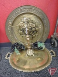 Brass scale with artificial grapes and (2) platters