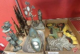 Metal dog and vintage car wall hangings, metal rabbit candle sticks, Dayagi tray made in Israel
