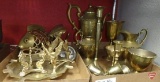 Brass fish, large ashtray, gazing ball and holders, candle sticks, goblets, pitcher, both boxes