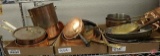 Copper and brass pots and pans, some lids, and bed warmer, three boxes