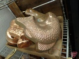 Copper cake molds: (2) fish, (2) lobster, (2) rooster, Texas, duck, geese with heart and moon