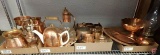 Copper mugs, tea kettles, (1) kettle is ceramic with copper covering, trivet, pitchers, trays, bowl