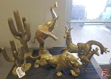 Brass statues: cacti with road runners, tiger, elephant, (3) giraffes, 7 pcs
