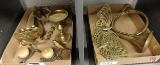 Brass sconces, candle holders, wall hanging butterflies, and horn, both boxes