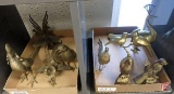 Brass bird statues, roosters, peacock, eagle, and others, both boxes