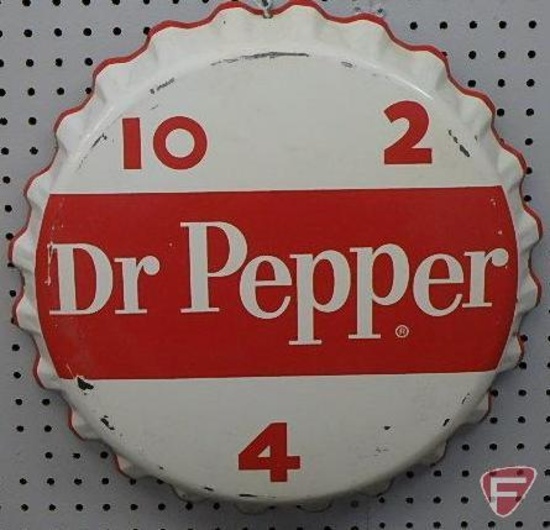 Dr. Pepper metal advertising sign, "10, 2, and 4" bottle cap