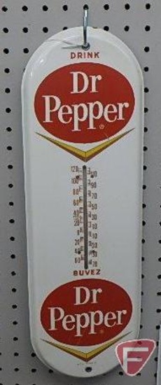 Dr. Pepper metal advertising thermometer, "Drink Dr. Pepper Buvez"