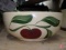 Oven Ware stoneware mixing bowl with Pelican Rapids, MN advertising and picture mounted to